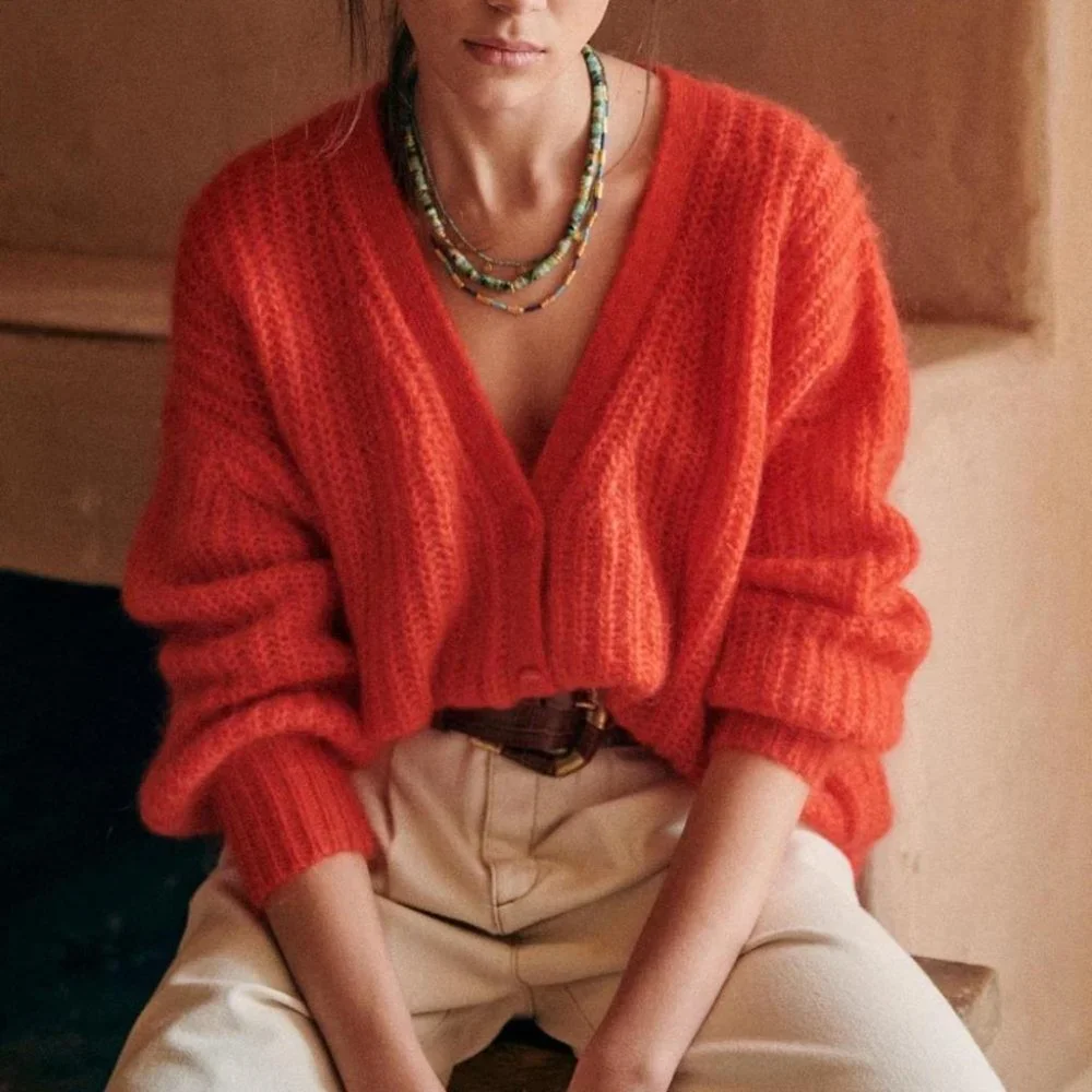 Sezane Achille Jumper in Red Wool Kid Mohair V Neck Cardigan - Picture 3 of 11